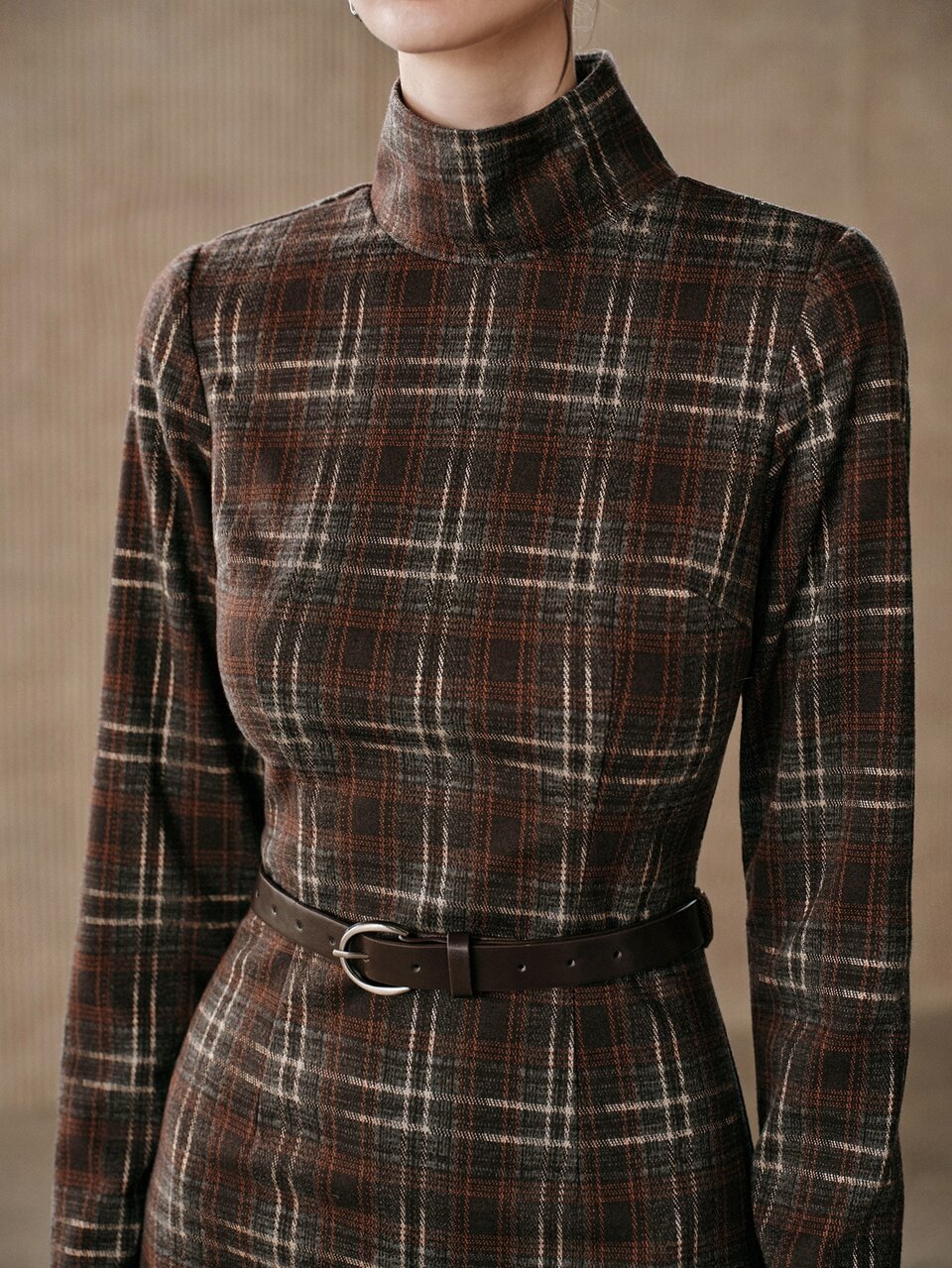 Vintage Brown Plaid High Neck Cinched Waist Belt Long Sleeve Fitted Long Bodycon Pencil Dress For Autumn/Winter