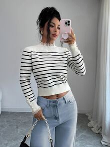 Elenzga Spring/Autumn Gentle Lady Style Black & White Ribbed Collar & Cuff Lace Trim Ribbed Knit Pullover Sweater For Women - White - View 4