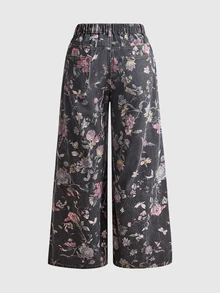 ROMWE Fairycore Versatile Casual Vintage Floral Wide Leg Plus Size Denim Jeans - Black - View 2