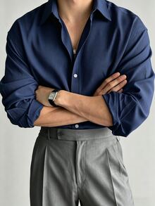 QuarKem 男士素色長袖單排扣休閒襯衫 - 藍色 - 查看 4