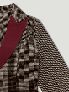 SHEIN Women's Vintage Velvet Houndstooth Lapel Single-Breasted Blazer, Contrast Color Design, Versatile Jacket For Spring, Autumn, Winter, Suitable For Office, Commuting And Other Occasions - Khaki - View 7