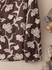 Rusticease Women's V-Neck All-Over Print Casual Vintage Versatile Everyday Outing Shirt Party Brown Floral Autumn - Brown - View 4