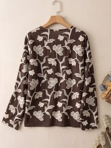 Rusticease Women's V-Neck All-Over Print Casual Vintage Versatile Everyday Outing Shirt Party Brown Floral Autumn - Brown - View 2