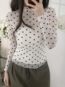 DAZY 女款透視蕾絲高領修身波點套頭T恤 秋季 - 白色 - 查看 6