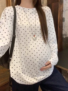 Dazy Maternity Contrast Polka Dot Loose Long Sleeve Crew Neck Casual Vacation Daily Versatile Spring Autumn Maternity T-Shirt - White - View 5