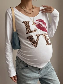 DAZY Letter Print Loose Long Sleeve Pullover Top Casual Streetwear Daily Spring Autumn Maternity T-Shirt - White - View 3