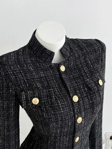 Elamini European And American Fashion Autumn/Winter Tweed Women's Overcoat - Black - View 6
