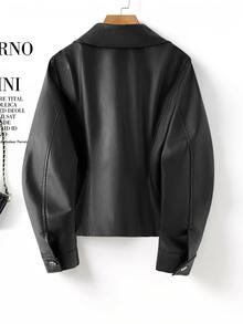 SHEIN LUNE Plus Size Women's Solid Color PU Leather Fashion Versatile Long Sleeve Jacket - Black - View 2