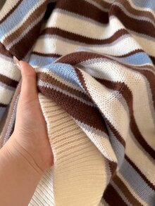 CosyJoli Vintage Brown & Blue Striped Drop Shoulder Crew Neck Sweater - Multicolor - View 6