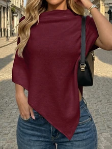 SHEIN New Spring Summer Coastal Minimal Asymmetric Knit Poncho Women Boat Neck Triangle Hem Resort Layering - Burgundy - View 3