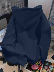EMERY ROSE Plus Size Women's Solid Color Casual Hoodie Sweatshirt, Autumn/Winter - Navy Blue - View 2