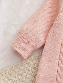 SHEIN 女嬰針織毛衣連身衣，嬰兒套頭圓領長袖毛衣連身褲，舒適適合秋冬，麻花編織設計，時尚俏皮，優雅精緻，淑女風，粉紅色，日常穿著，百搭 - 淺粉色 - 查看 7