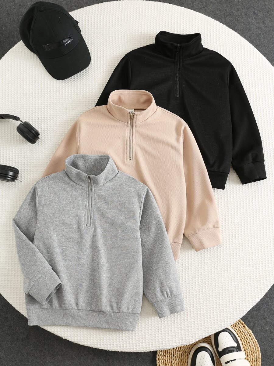 SHEIN 3pcs Young Boys Casual Comfortable Versatile Stand Collar Half-Zip Pullover Sweatshirt With Patch Pocket And Contrast Color Woven Label, Suitable For Autumn/Winter - Multicolor - View 1