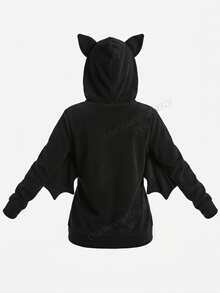 SHEIN CURVE+ Jaket Berkerudung Lengan Kelelawar Kasual Ukuran Besar untuk Musim Gugur, Kostum Halloween Musim Gugur - Hitam - View 2