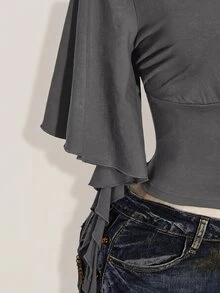SHEIN ICON 女款純色V領修身百搭日常休閒T恤 - 灰色 - 查看 7