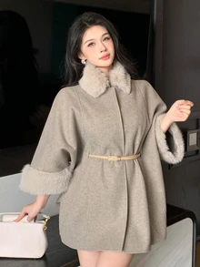 DAZY Women's Vintage Elegant Faux Fur & Wool Blend Coat - Apricot - View 5