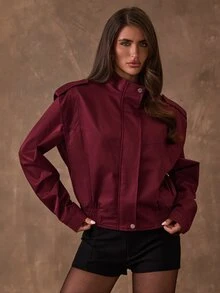 SHEIN BAE Jaket Kasual Wanita Lengan Panjang Kerah Tegak Warna Polos dengan Potongan Pinggang yang Pas - Burgundy - View 7
