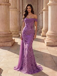Coutiva Lake Blue Off-Shoulder Ruched Sequin Fitted Mermaid Side Drape Flounce Train Long Evening Gown - Purple - View 4