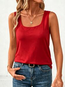 EMERY ROSE Women's Solid Color Square Neck Casual Versatile Tank Top - Red - View 4
