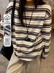 Dazy Plus Korean Style Loose Fit Casual Striped T-Shirt For Girls - Brown - View 1