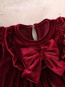 SHEIN Newborn Baby Girls Velvet Tutu Dress Sweet Elegant Burgundy Dress Big Bow Ruffle Solid Long Sleeve Thick Christmas Fall Winter Ballet Fuzzy Plush - Burgundy - View 5