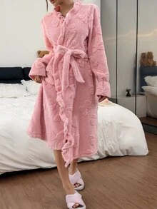 Napfluff Cute Plush Bow Jacquard Ruffle Trim Long Sleeve Mid-Length Women's Robe - Pink - View 1