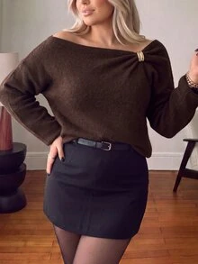 Ceyna كنزة صوفية نسائية بمقاس كبير مع إبزيم معدني وكتف غير متماثل وأكمام طويلة، خريف/شتاء - بني - مشاهدة 5