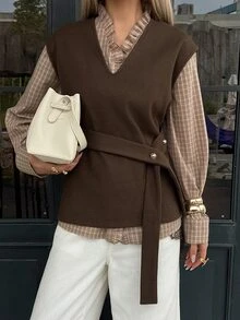 DAZY Fall/ V-Neck Sleeveless Dark Brown Side Belt Metal Buckle Decor Layered Loose Casual Commute Office Business Women's Wool Vest Winter - Brown - View 7