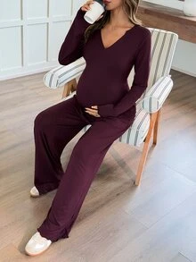 Dazy Maternity Solid Color V-Neck Long Sleeve T-Shirt And Straight Leg Pants Casual Loungewear Daily Spring Autumn Maternity 2 Pieces Set - Burgundy - View 6
