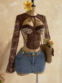 Soleia Leopard Print Contrast Lace Hollow Out Flare Sleeve Top - Brown - View 5