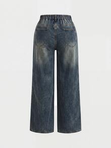 SHEIN Tall CURVE 大尺碼休閒水洗直筒牛仔褲 女教師穿搭 - 深色水洗藍 - 查看 2