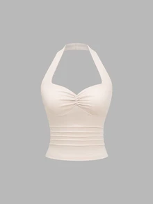 Sweetra New European And American Sexy Style Halter Neck Ruched Cinched Waist Apricot, Coffee Brown And Tops 3-Piece Set - Multicolor - View 6