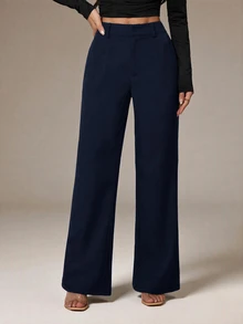 SHEIN PETITE Women's Solid Color Casual Versatile Daily Wear Suit Pants - Navy Blue - View 7