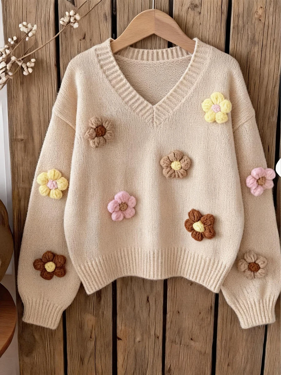 SHEIN Kids Tween Girl Tween Girls Tween Girl Apricot Pullover Knit Sweater, 3D Floral , Suitable For Autumn/Winter, Back To School, And Other Occasions - Apricot - View 1
