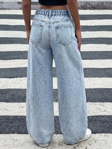 SHEIN Girls' Light Blue Distressed Loose Fit Denim Long Pants - Blue - View 7