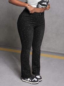 Slaydiva Plus Size Women's High Waist Skinny Denim Jeans With Speckled Rhinestone Embellishment, Black - Black - View 2
