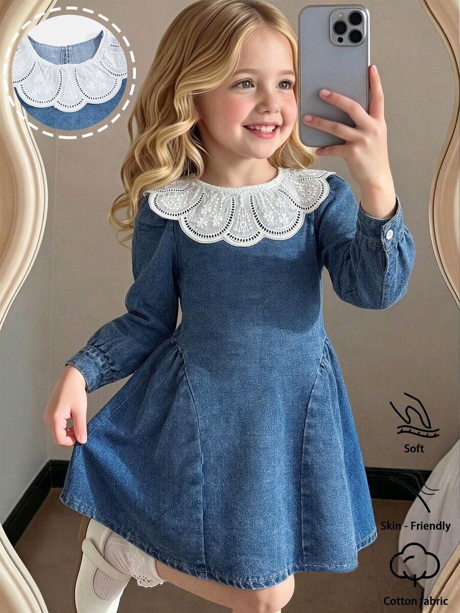 SHEIN Girls' Denim Dress, Cute Basic Minimalist Contrast Lace Trim Round Neck Puff Long Sleeve Loose Non-Stretch Denim Dress - Medium Wash - View 1