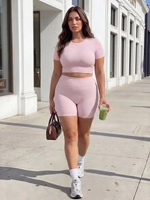SHEIN Dewbera Plus Size Sports Fashion Set Ribbed Fitted Short Sleeve Slim Fit Butt-Lifting Shorts Casual Kawaii Style 2 Pieces Set Gym Light Pink Summer - Pink - View 3