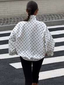 Muchica Women's White Woven Polka Dot Long Sleeve Zip-Up Jacket - Black and White - View 2