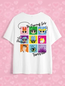 THE POWERPUFF GIRLS X SHEIN Plus Size Letter Print Casual Daily Wear T-Shirt - White - View 8