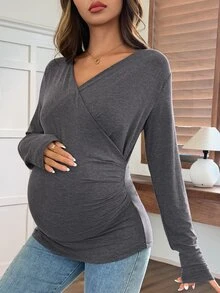 Dazy Maternity Solid Color Fitted Asymmetric V-Neck Long Sleeve Casual Vacation Spring/Autumn Maternity T-Shirt - Grey - View 4