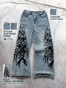 SHEIN 兒童青少年男孩休閒水洗寬腿牛仔褲 - 深色水洗藍 - 查看 1