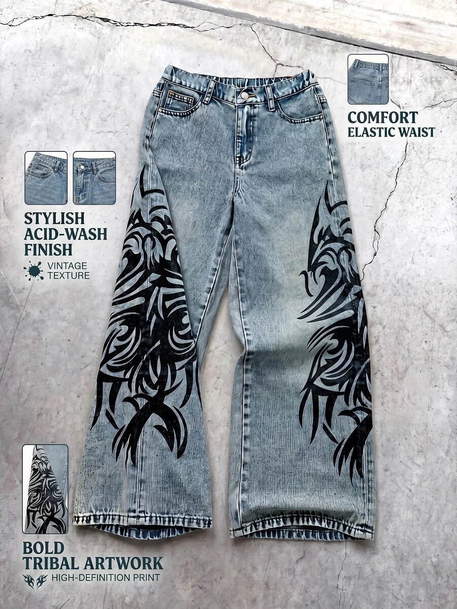 SHEIN 兒童青少年男孩休閒水洗寬腿牛仔褲 - 深色水洗藍 - 查看 1
