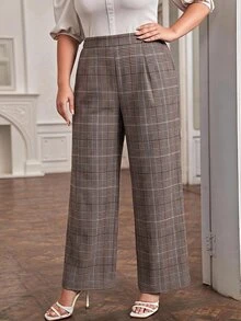 SHEIN LUNE Plus Size Women's Plaid Casual Versatile Daily Wear Long Pants - Brown - View 4