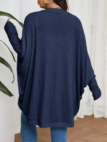 SHEIN Frenchy 大尺碼休閒寬鬆羅紋刷毛針織開襟外套 - 藍色 - 查看 3