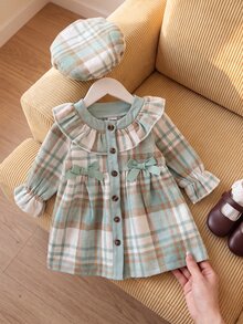 SHEIN Playful Pals 2件組幼女格紋洋裝 優雅薄荷綠蝴蝶結荷葉邊格紋長袖圓領常規款 婚禮派對秋季假期時尚貝雷帽 - 綠色 - 查看 4