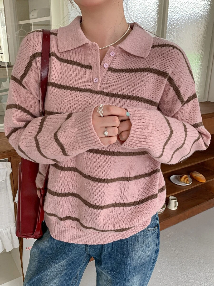 Dazy Plus Sweater Pullover Longgar Kasual dengan Motif Patchwork Blok Warna untuk Musim Gugur/Dingin - Berwarna merah muda - View 1