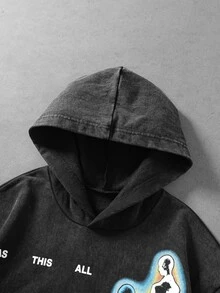 ROMWE MEN 男士字母印花長袖休閒連帽衛衣 - 黑色 - 查看 4