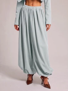 SHEIN BAE 時尚通勤純色燈籠西裝褲 - 淺藍色 - 查看 7