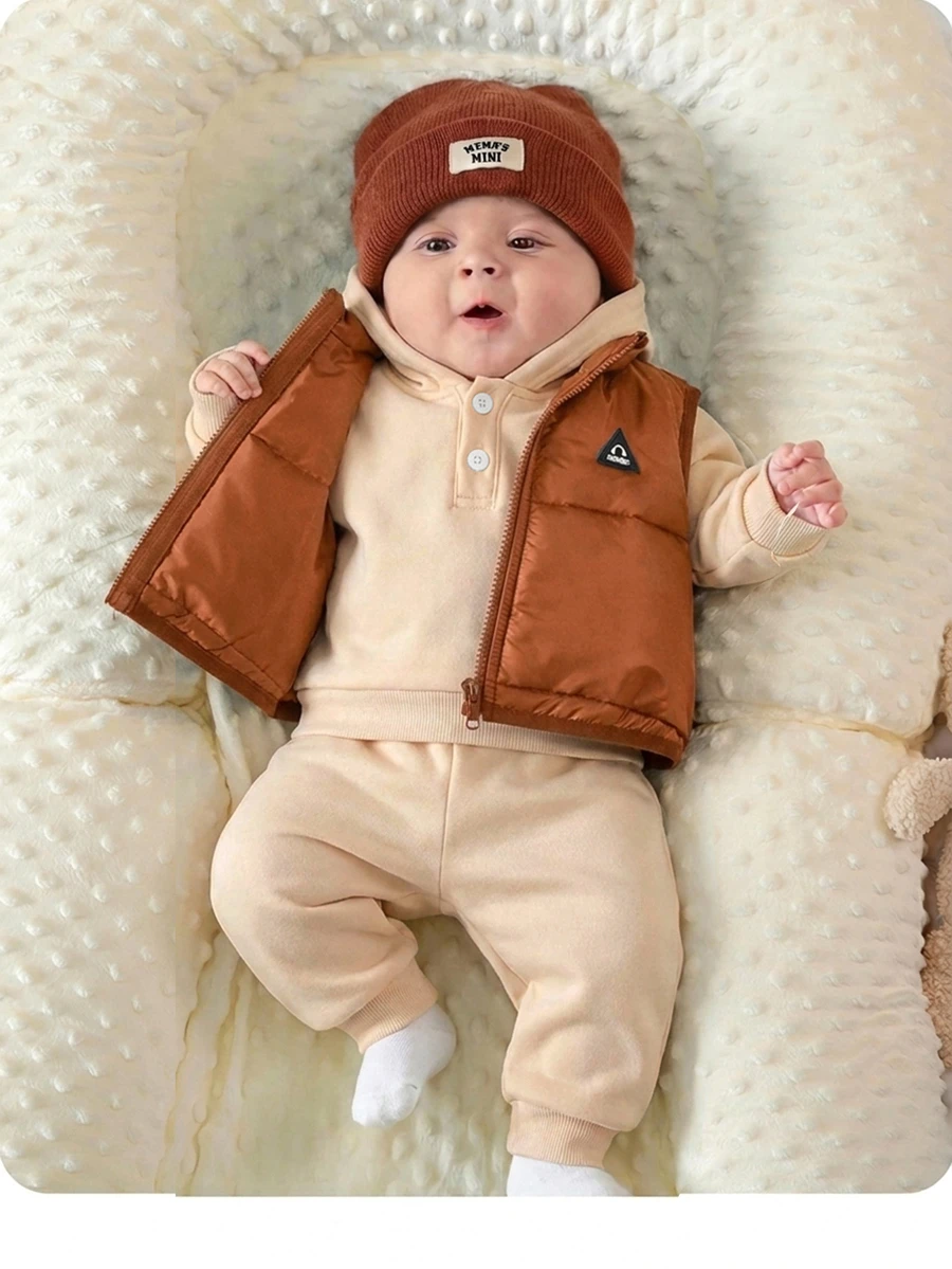 SHEIN Newborn Baby 3pcs Set: Hooded Long Sleeve Pullover Sweatshirt, Winter Pants, Sleeveless Vest - Apricot - View 1